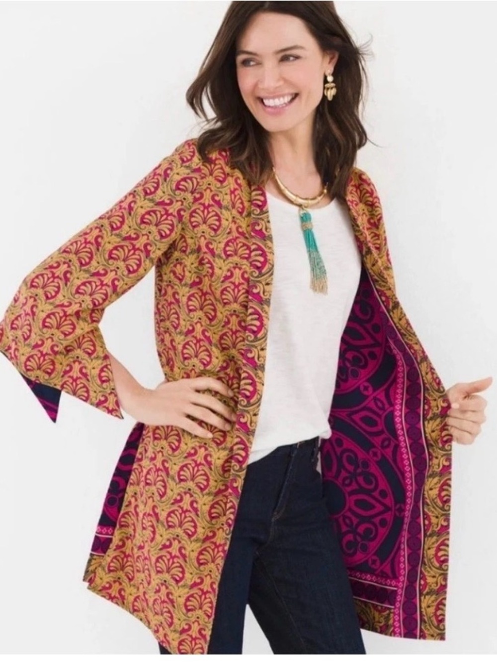 CHICOS Sz 3 Reversible Kimono Duster Jacket Cardigan Floral Geo 100% Polyester